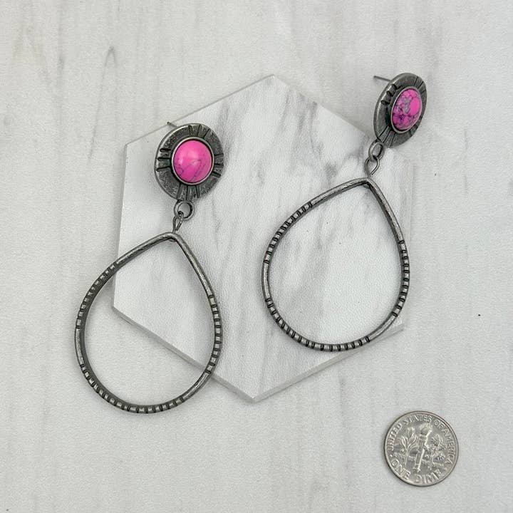 ERZ230488-04                       silver metal circle with hot pink stone Earrings for wholesale by Western Elite Jewelry