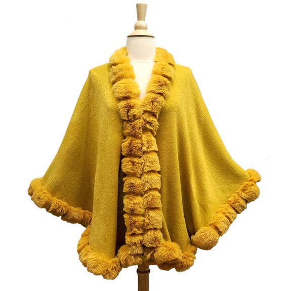 Madeline Love - Wholesale Poncho - Women's - Elegant Faux Fur Trim Knit Poncho Ruana Cape