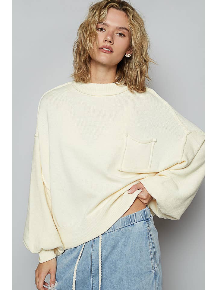 Pol Clothing - Wholesale Knit Sweater - Women's - Oversize balloon sleeve round neck pullover sweater SALE