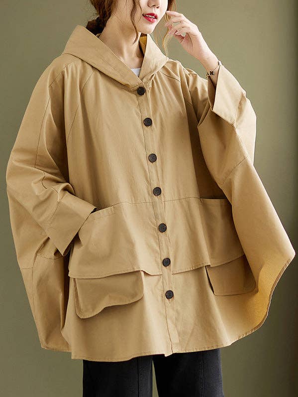 Loose Solid Color Buttoned Hooded Long Sleeves Trench Coat for wholesale by StyleGalX