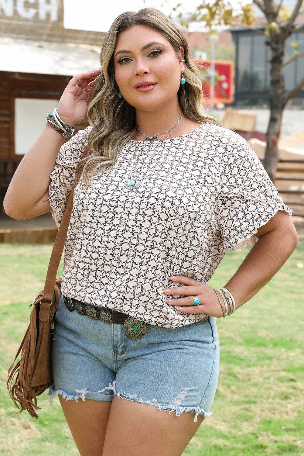 Geometric Plus Size Khaki Print Ruffled Sleeve Blouse for wholesale on Faire2