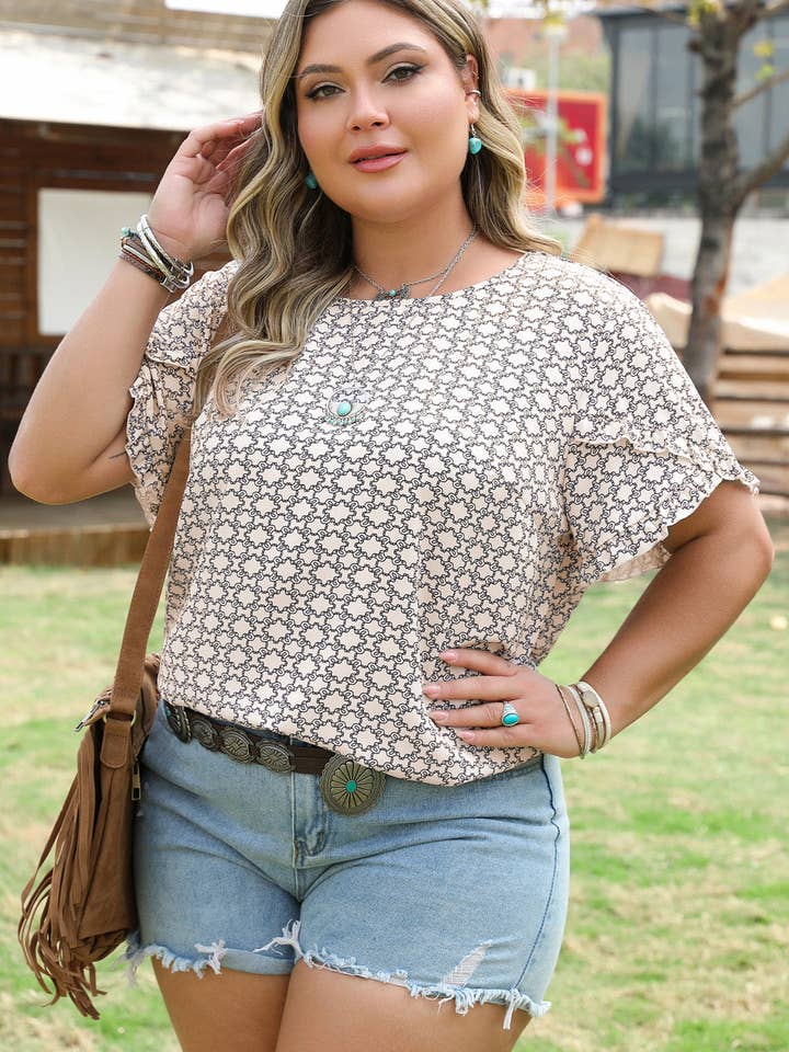 Geometric Plus Size Khaki Print Ruffled Sleeve Blouse for wholesale on Faire2