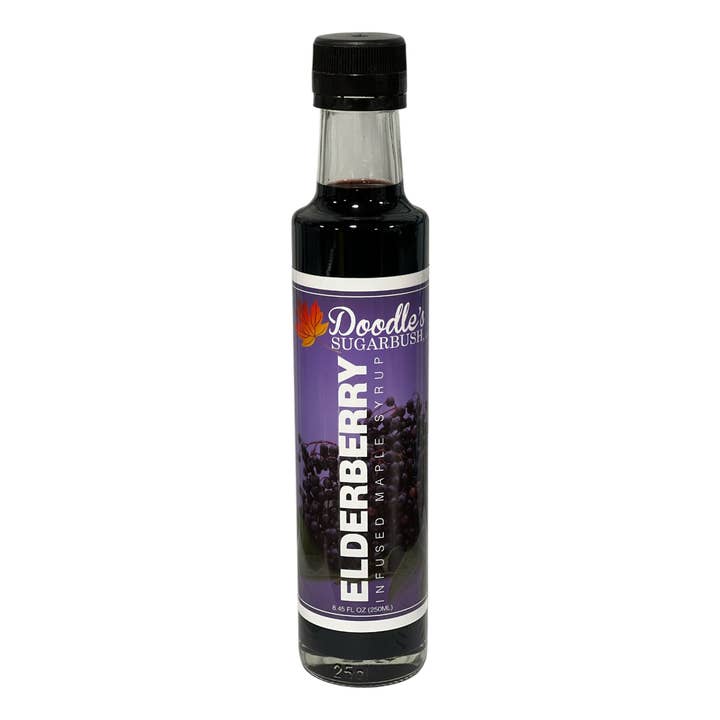 Elderberry Infused Maple Syrup - 8.45oz glass bottle for wholesale by Doodle's Sugarbush, LLC - Pure Michigan Maple Syrup