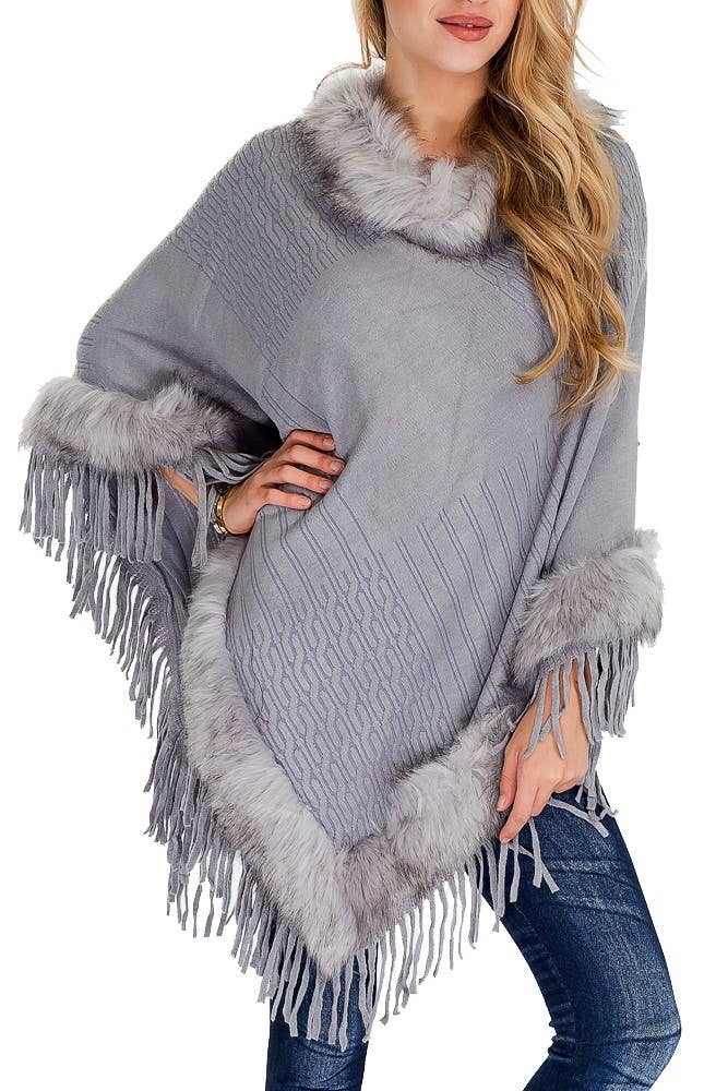 Cap Zone - Wholesale Poncho - Women's - Cable Printed Faux Fur Collar And Trimming Poncho7