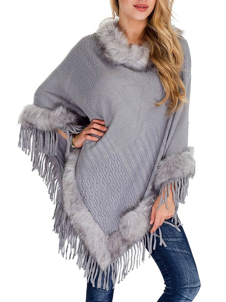 Cap Zone - Wholesale Poncho - Women's - Cable Printed Faux Fur Collar And Trimming Poncho7
