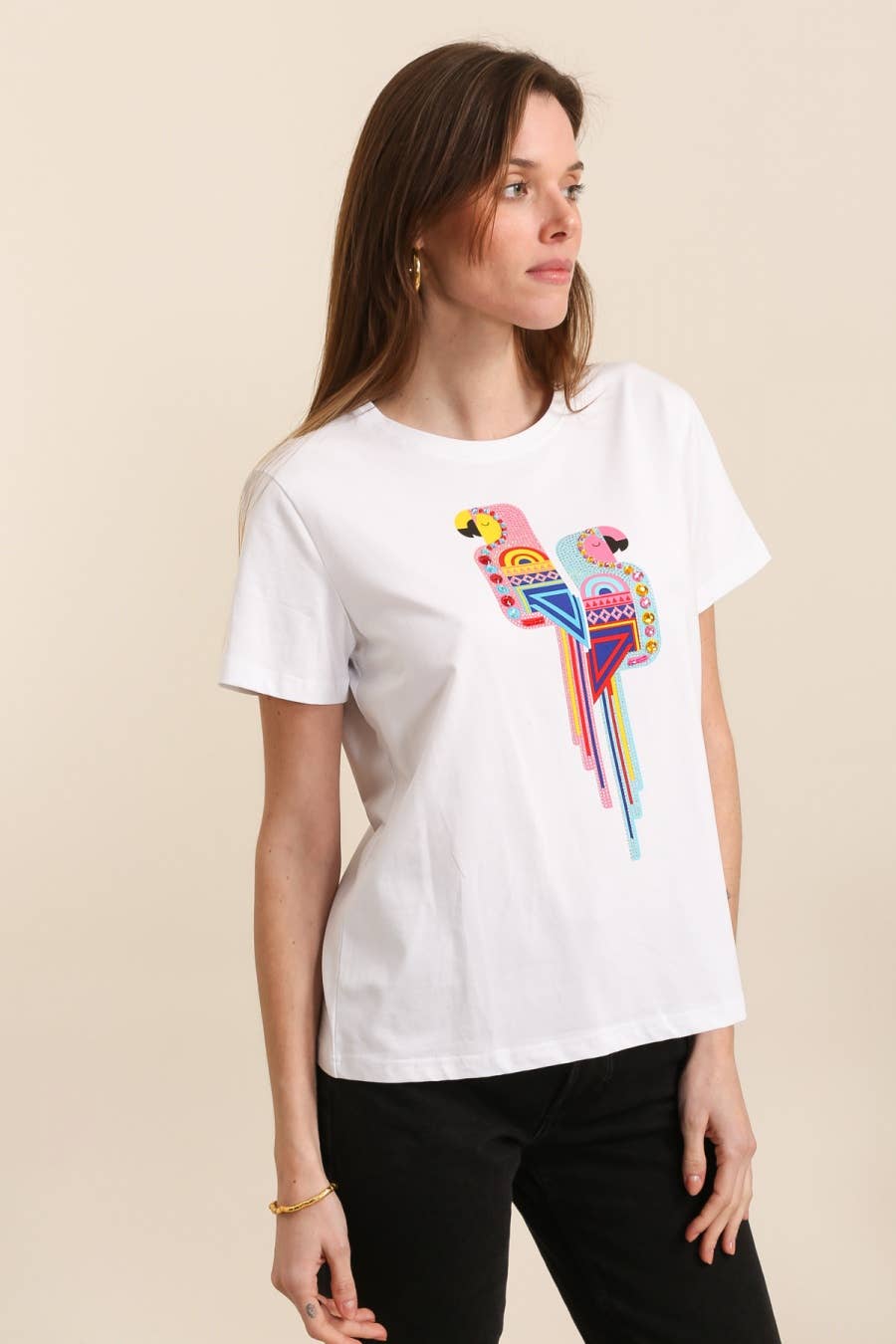 Attrait Paris - Vendita all'ingrosso Maglietta serigrafata - Donna - T-shirt in cotone con stampa grafica di pappagalli colorati2