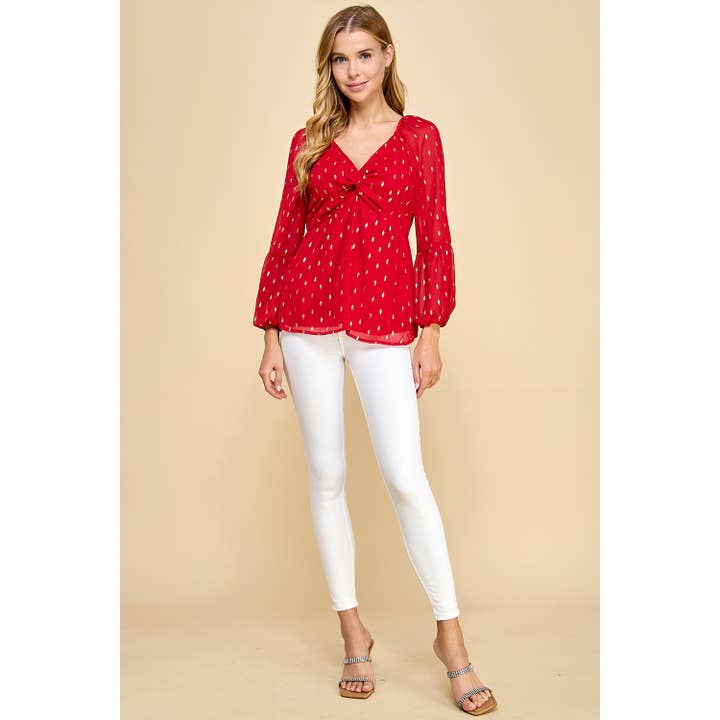 RED GOLD FOIL DOT CHIFFON LONG SLEEVE TWIST BODICE TOP T8262110F for wholesale on Faire