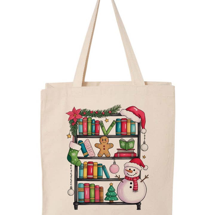 DaisyChainDesignCo - Wholesale Tote Bag - Women's - Christmas Bookshelf Book Lover Canvas Tote Bag1