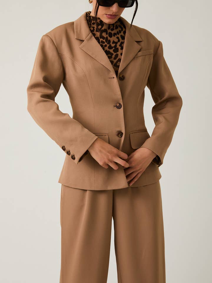 TAUPE STRUCTURED SHOULDER FIT & FLARE BLAZER for wholesale on Faire13