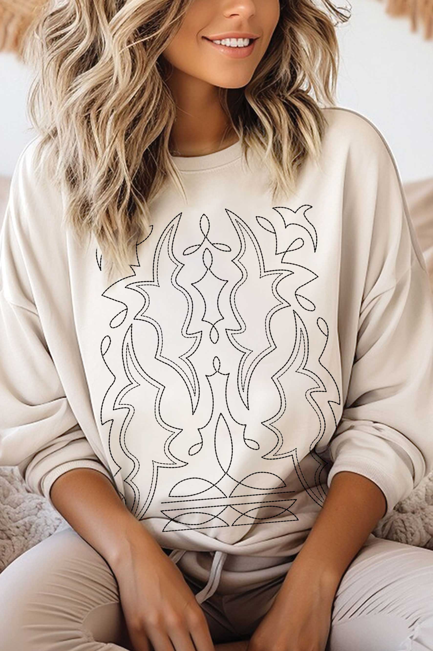 Rustee Clothing - Wholesale Graphic Sweatshirt - Women's - COWBOY BOOTS STITCH PATTERN PUFF GRAPHIC BRUSHED SWEATSHIRTS3