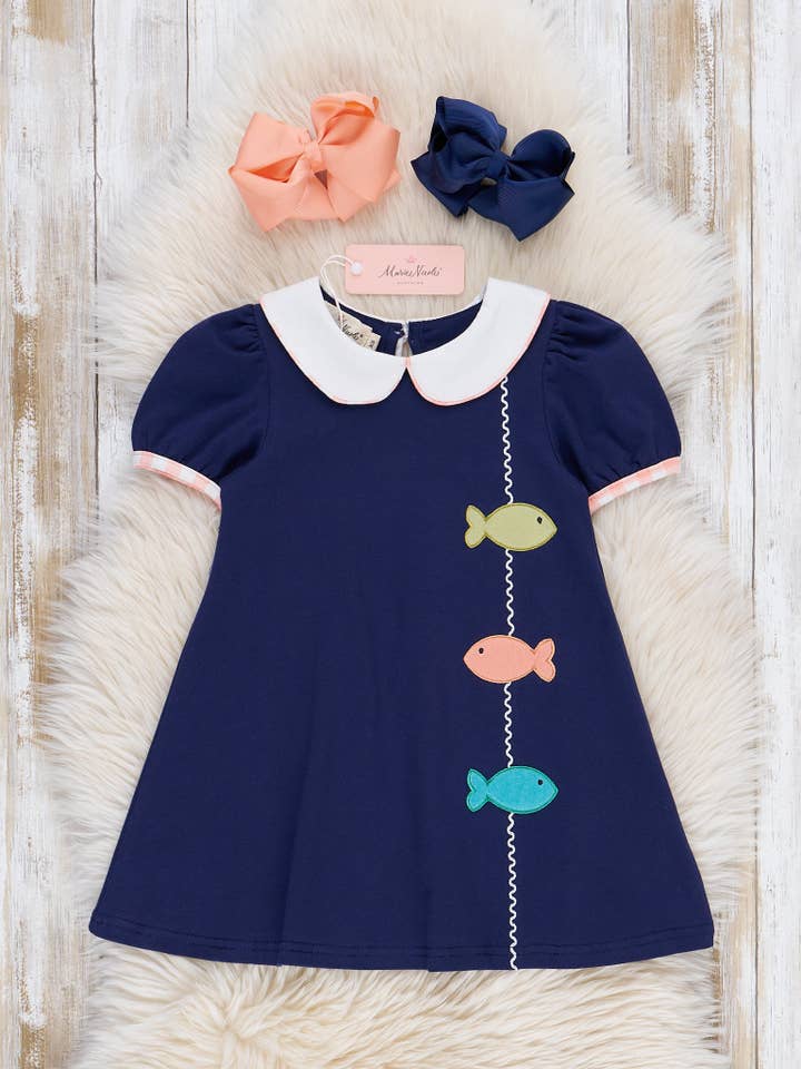 Marie Nicole Clothing - Wholesale Dress - Kids - Gingham Embroidered Fish Dress