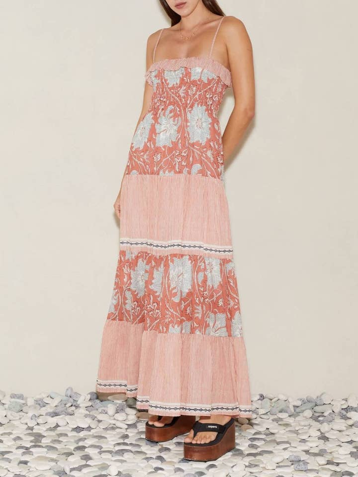 Pink Duporto boho Floral patchwork drop waist strappy dress for wholesale on Faire