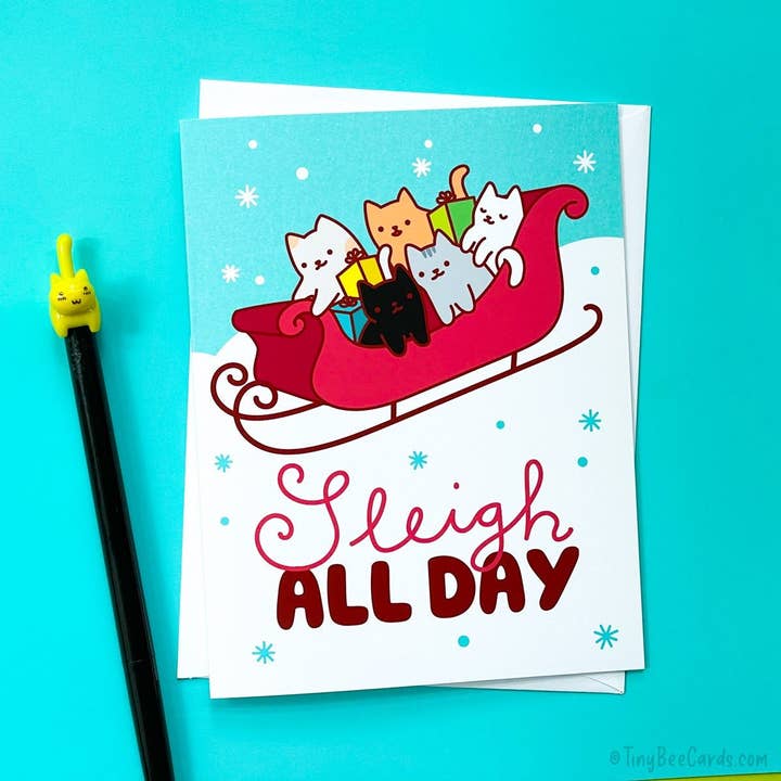 Carte de Noël et de fêtes pour chats « Sleigh All Day » pour la vente par Tiny Bee Cards