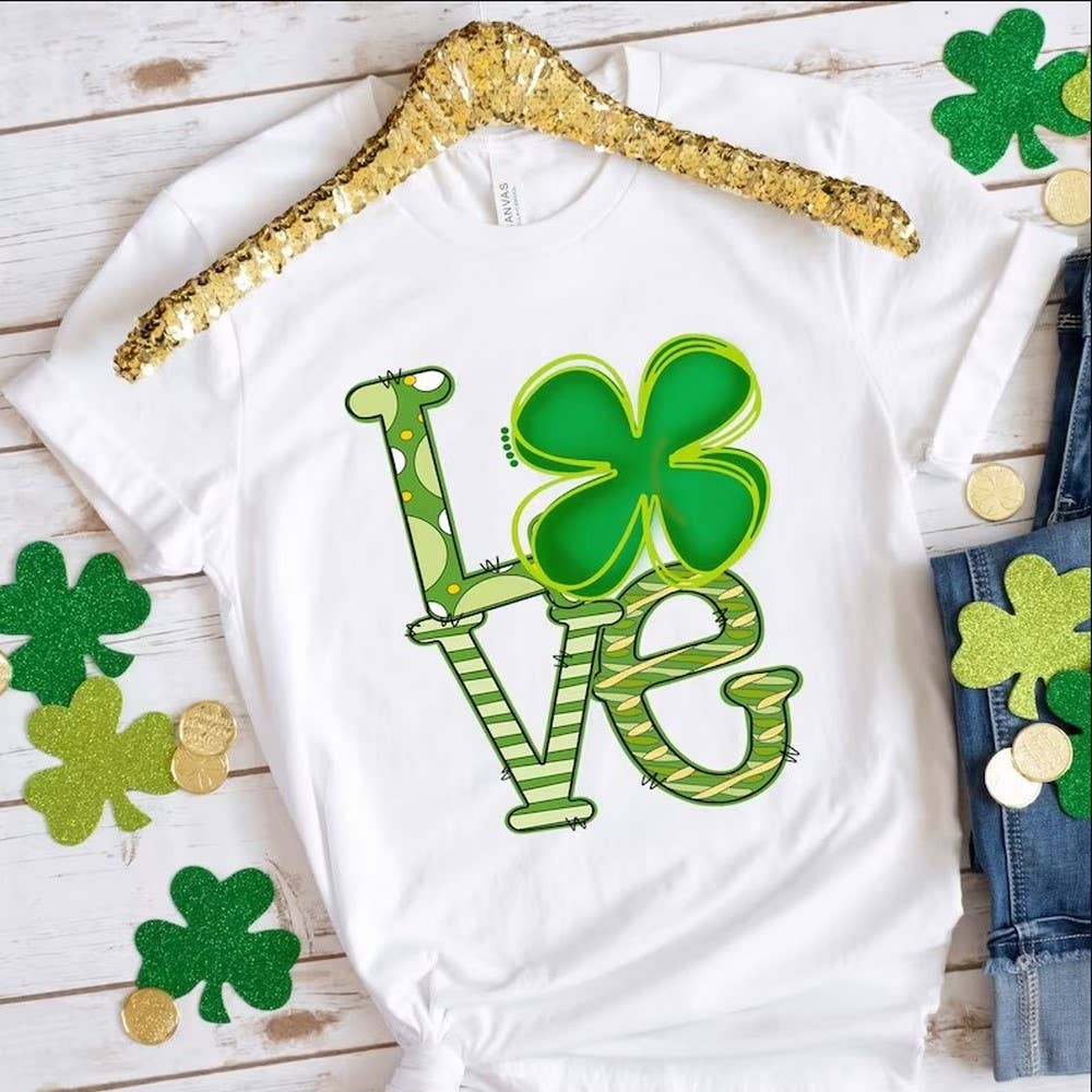 Black LOVE Happy St Patrick's Day Shirt, Shamrock Shirt, Saint Pat for wholesale on Faire0