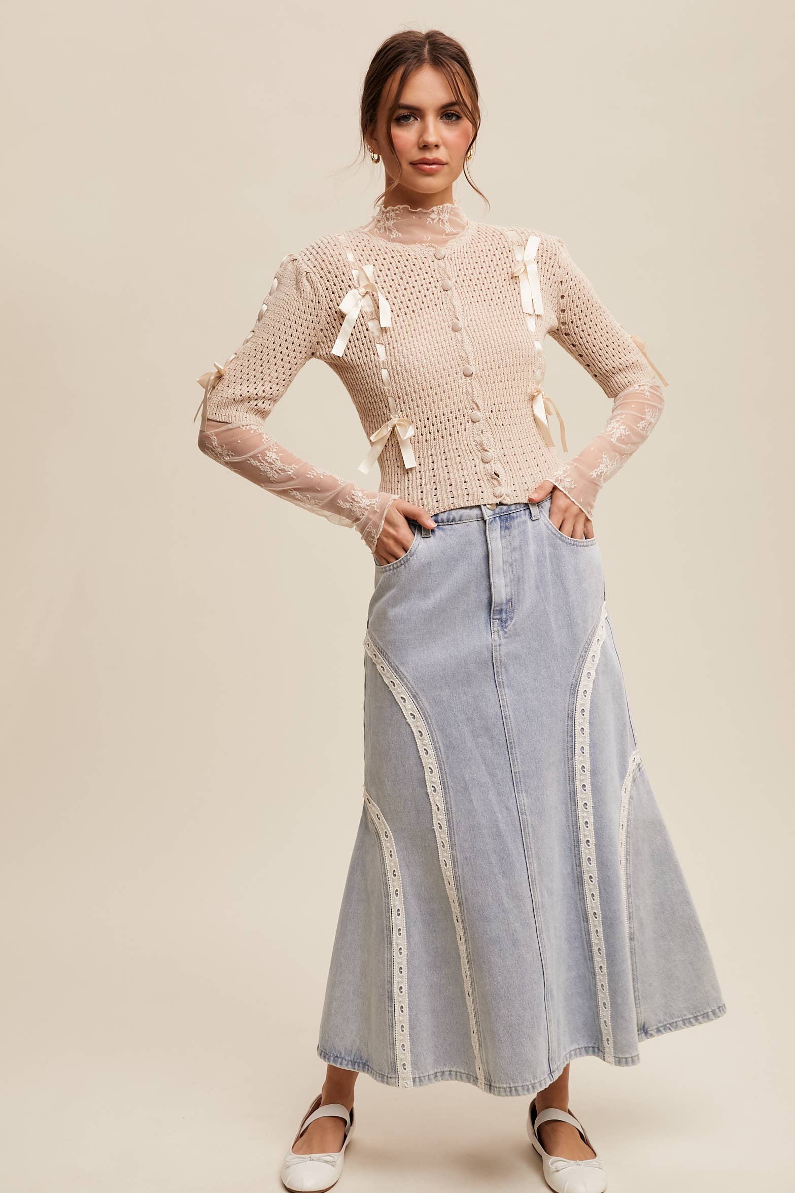 Listicle - Wholesale Cardigan - Women's - Pastel Knit Cardigan with Satin Bow Details7