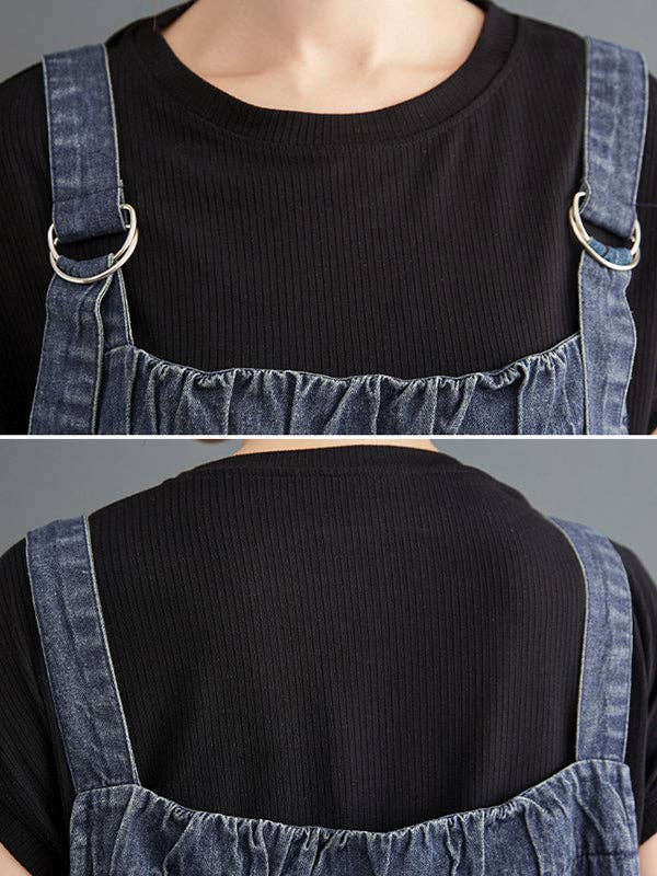 BLÅ Vintage løs kunstnerisk retro ensfarvet rem denim midikjole for engroshandel på Faire7