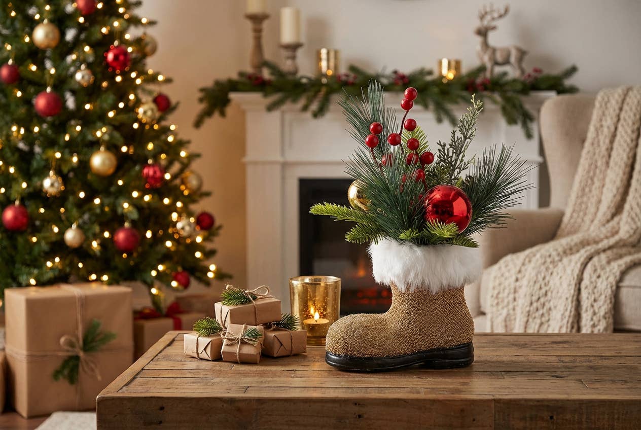 Flora Bunda Inc – Decoração de Natal por atacado – Arranjo de Natal com Bota Dourada do Pai Natal3