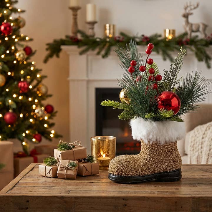 Flora Bunda Inc – Decoração de Natal por atacado – Arranjo de Natal com Bota Dourada do Pai Natal3