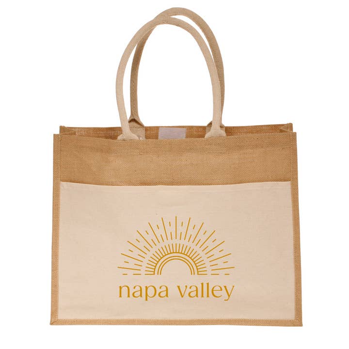 Custom SUNSHINE Jute Canvas Pocket Tote with Velcro for wholesale by Mercantile 12