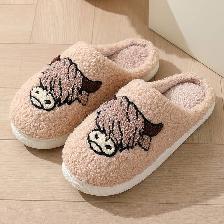 Khaki Western Bull Knit Plush Home Slippers for wholesale on Faire3