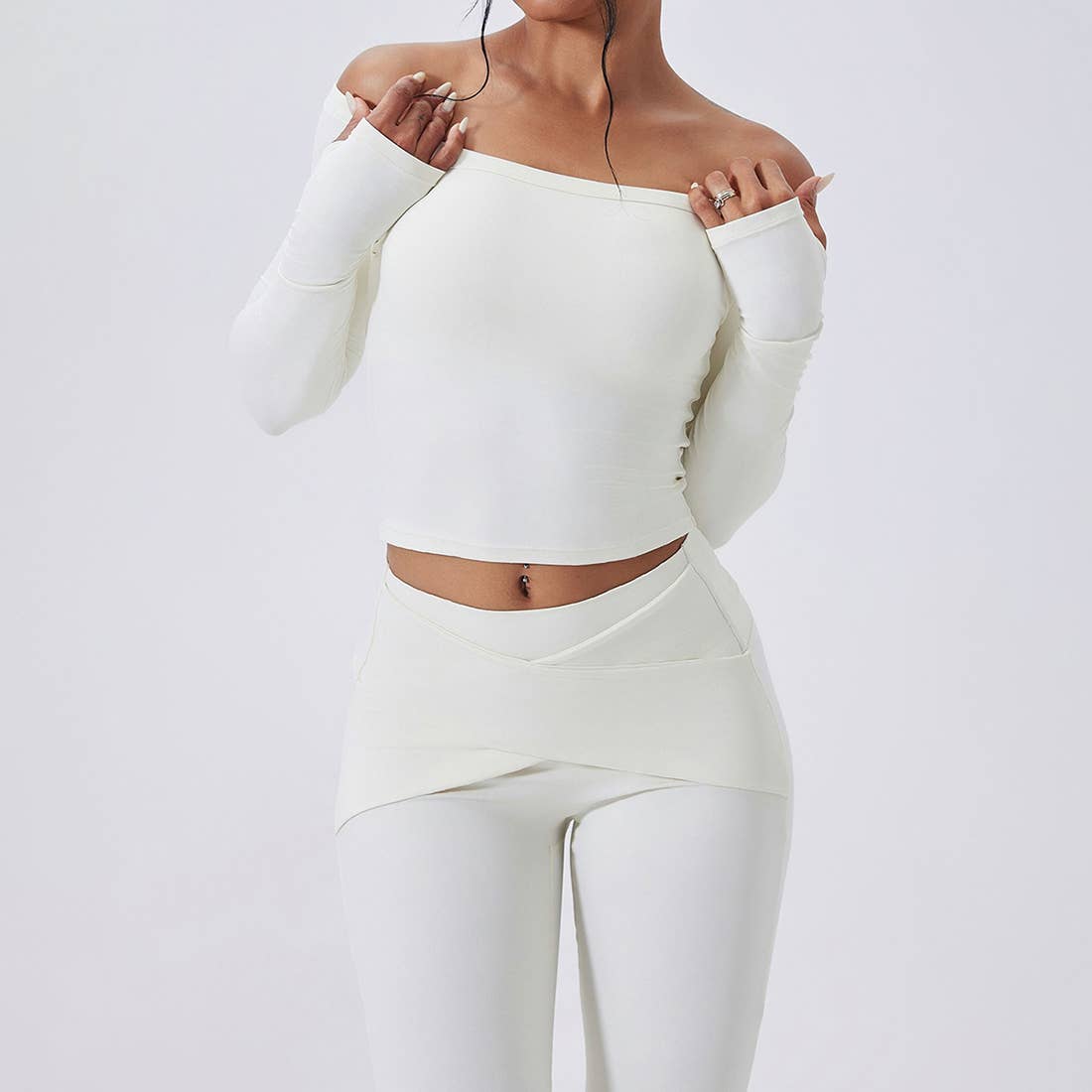 Sodalemon - Venta al por mayor Conjunto de ropa deportiva - Mujer - Conjunto de Yoga de Cintura Alta y Hombros Descubiertos: Top de Manga Larga + Leggings1