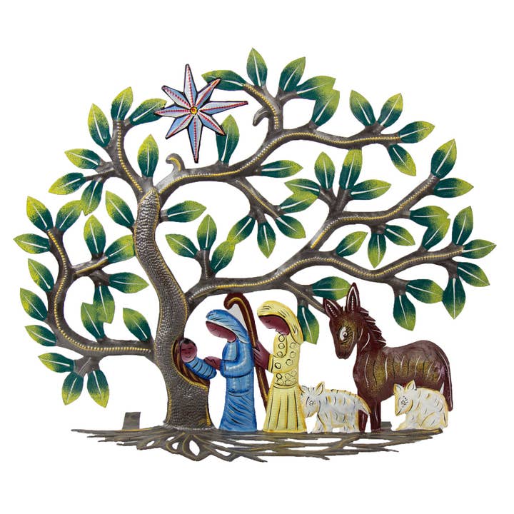 Arbre de table avec tambour en métal haïtien, crèche, 22 pouces pour la vente par Global Crafts