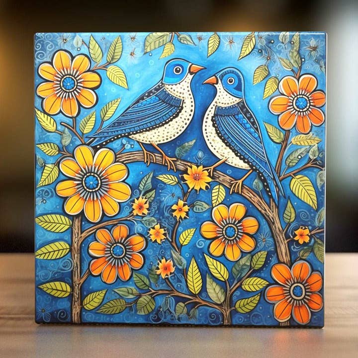 Blue Birds and Sunflowers Folk Art Style Artistic Ceramic Tile Decor for wholesale by Peeping Tom's Cottage