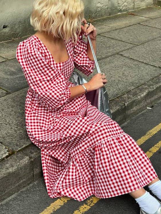 Red Open Back Lace-Up Gingham Checker Ruffled Dress for wholesale on Faire3