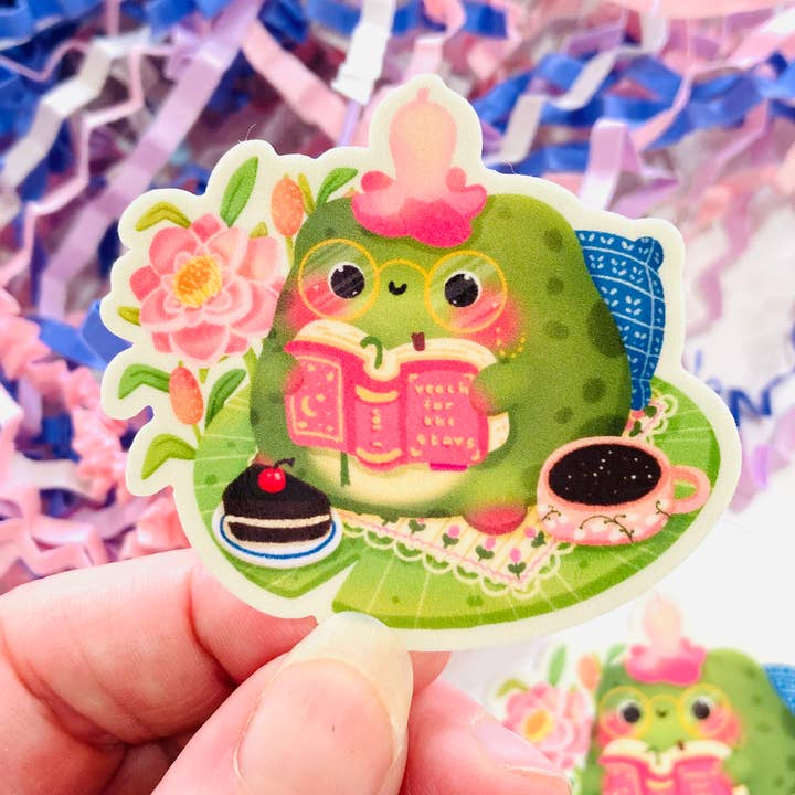 Kawaii Froggy Reading a book Die Cut sticker for wholesale by Chapter & Ink
