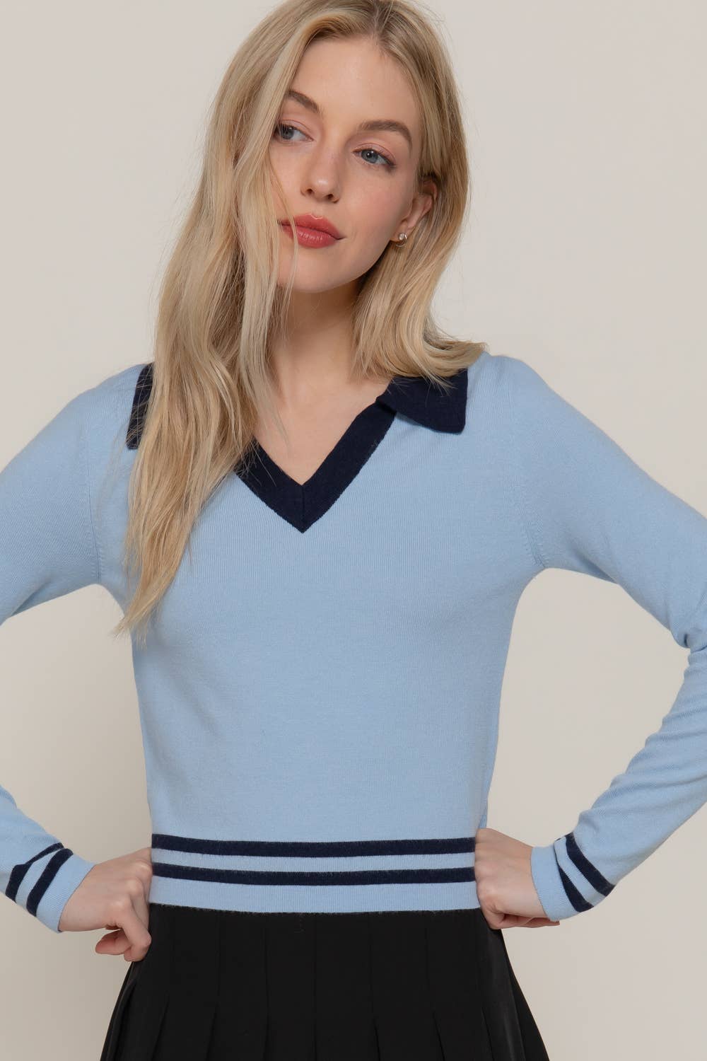 Active Basic | Active USA - Wholesale Knit Sweater - Women's - Long Sleeve Stripe Polo Sweater2