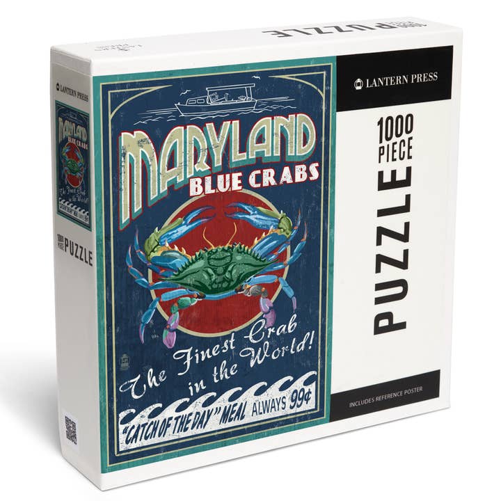 1000 PIECE PUZZLE Maryland, Blue Crabs Vintage Sign for wholesale by Lantern Press