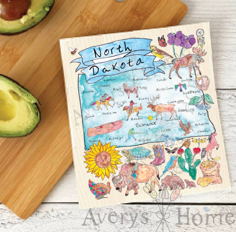 Avery's Home - Wholesale Dishcloth - North Dakota State Map Organic Swedish Dishcloth