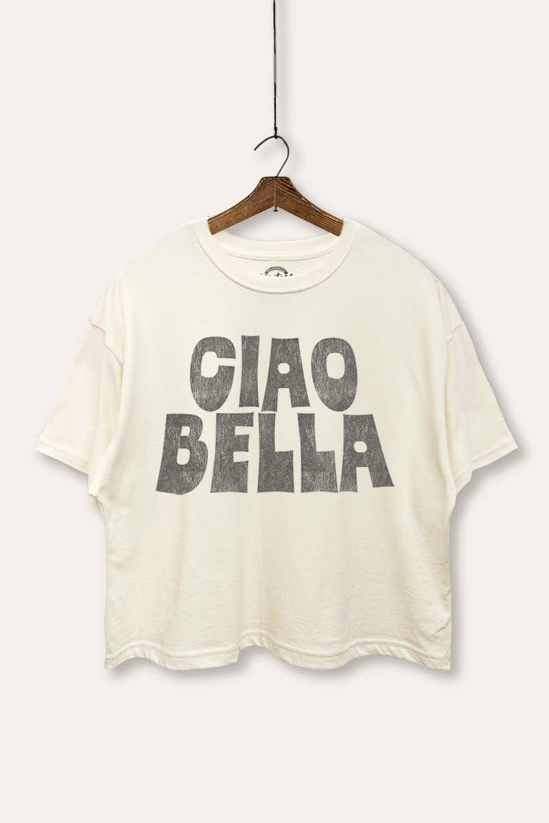 VINTAGE POINT USA - Wholesale Screen Printed T-Shirt - Women's - "CIAO BELLA" TYPOGRAPHY GRAPHIC BOXY CROP TOP2