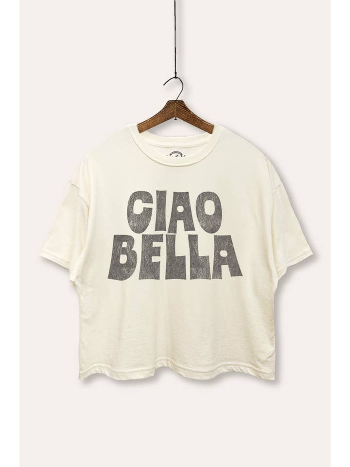 VINTAGE POINT USA - Wholesale Screen Printed T-Shirt - Women's - "CIAO BELLA" TYPOGRAPHY GRAPHIC BOXY CROP TOP2