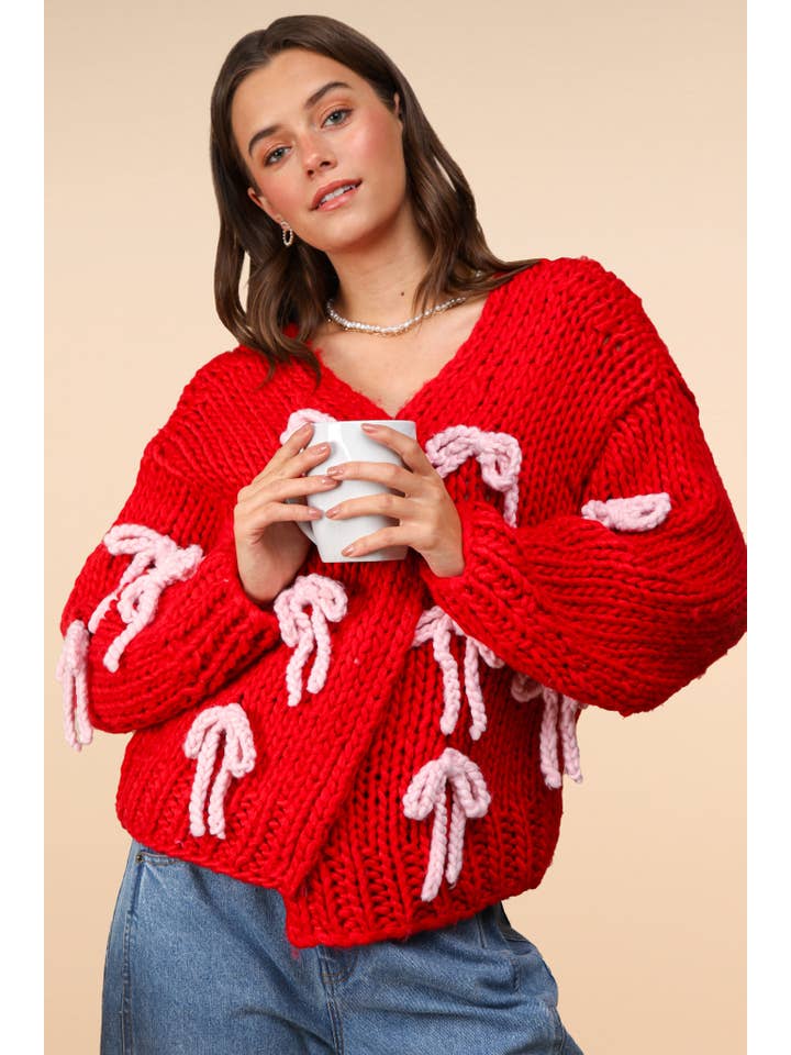 VERY J - Wholesale Cardigan - Women's - 12W3214N-HANDMADE Ribbon Chunky Knit Sweater Cardigan