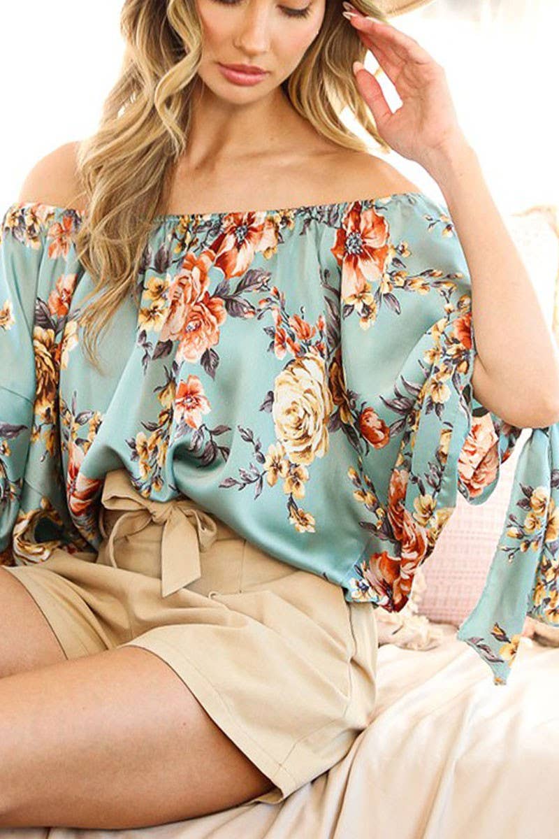 Vine & Love – Engroshandel Bluse - Dame – Blomstret Satinbluse med Bare Skuldre Top VT8130812