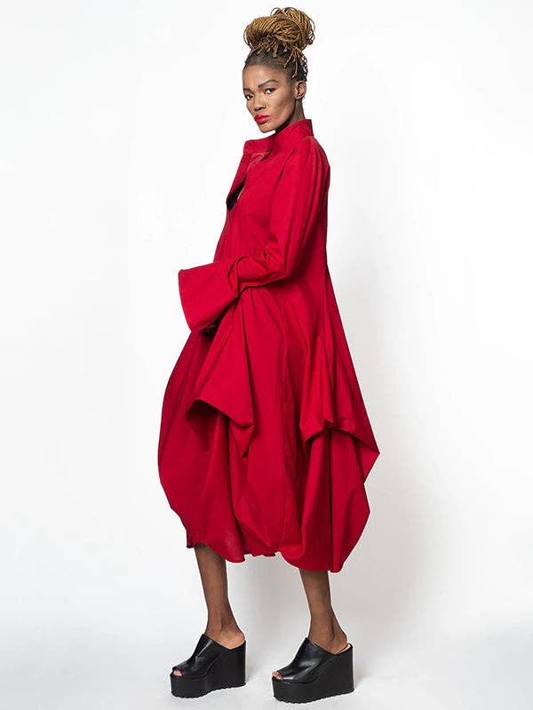 Red Stylish Loose Stand-Collar Long Sleeves Midi Dress for wholesale on Faire