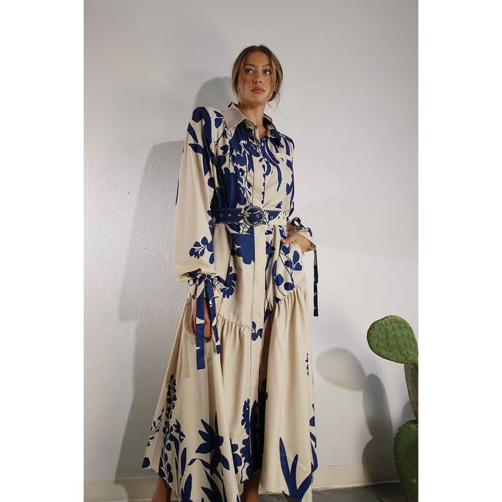 BLUE MULTI PRINT UNEVEN BELTED LONG DRESS for wholesale on Faire4