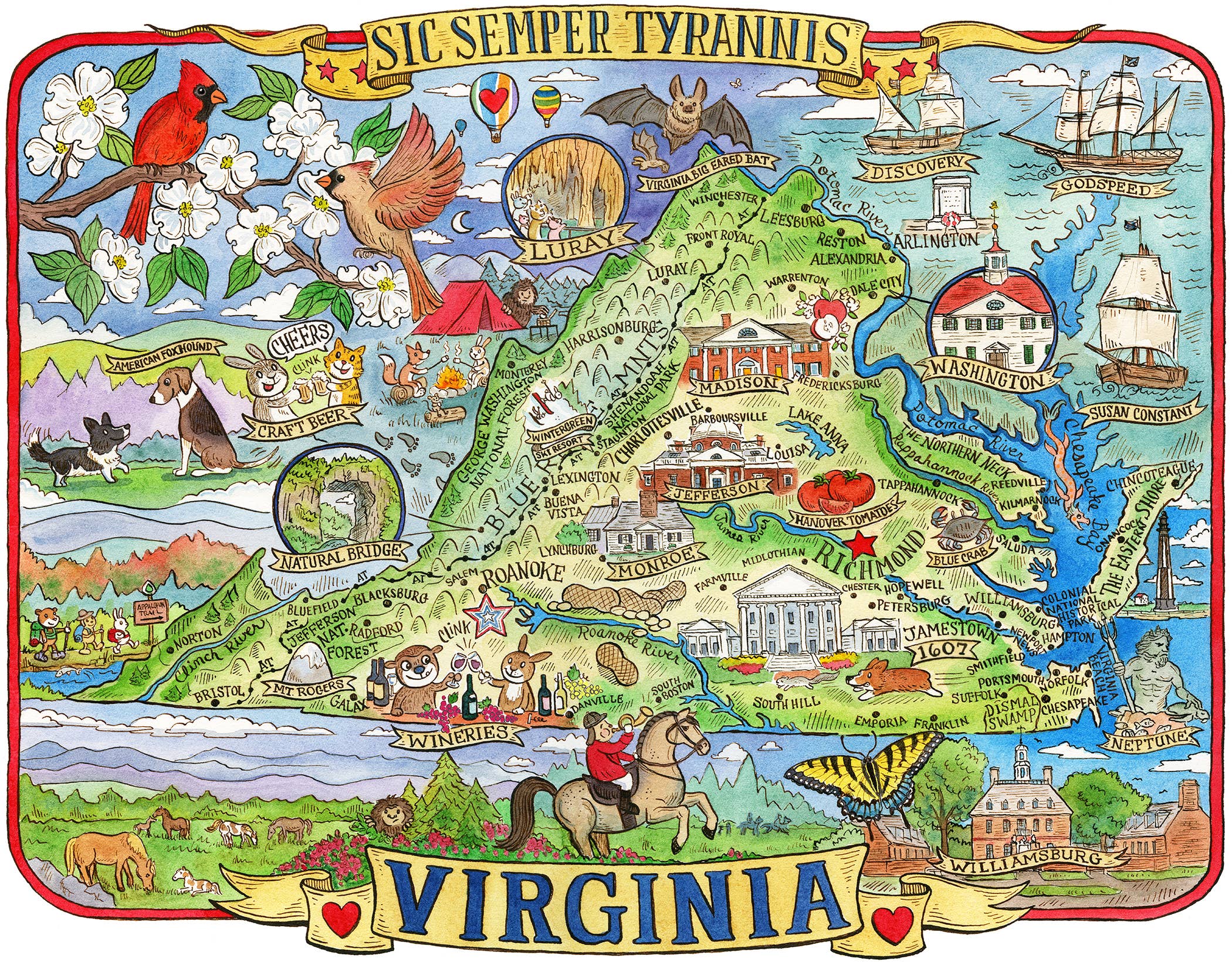 SepiaLepus Illustration - Wholesale Art Print - 16" x 20" Virginia Map Art Print0