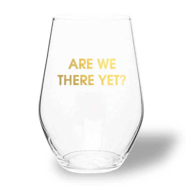 Are We There Yet? - Gold Foil Stemless Wine Glass for wholesale by Chez Gagné