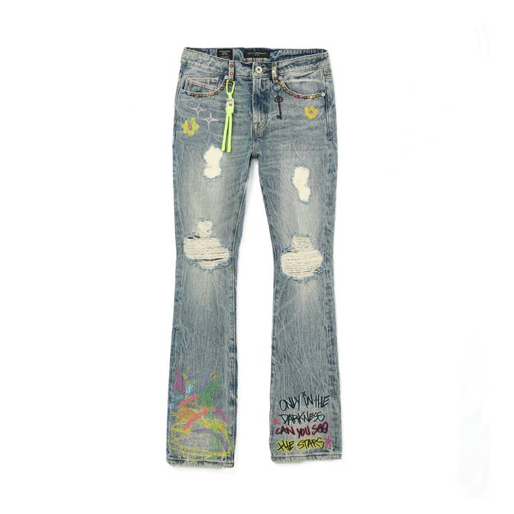 Jeans Bootcut 603 di Cult Lenny in Finn Graffiti per la vendita all'ingrosso da parte di Cult of Individuality