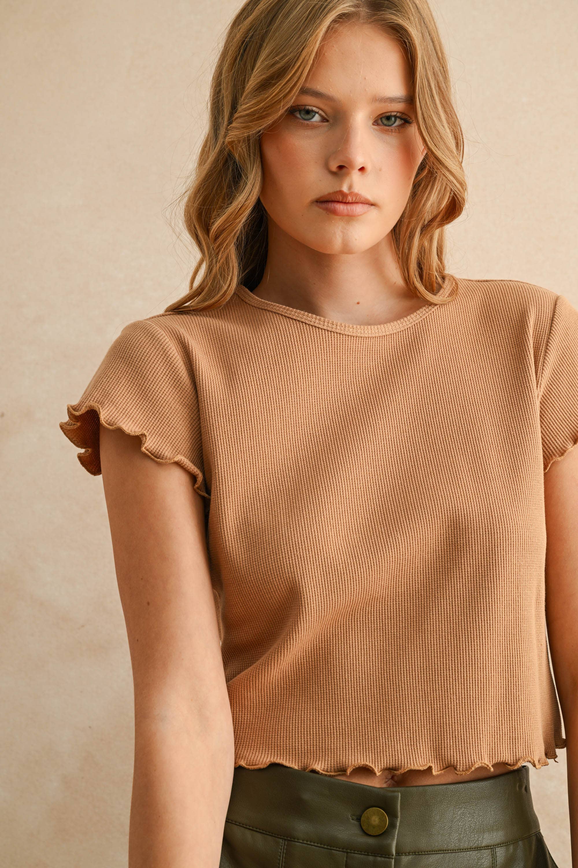 MIOU MUSE - Wholesale Blouse - Women's - T4866   MINI WAFFLE FABRIC SHORT SLEEVE TOP4