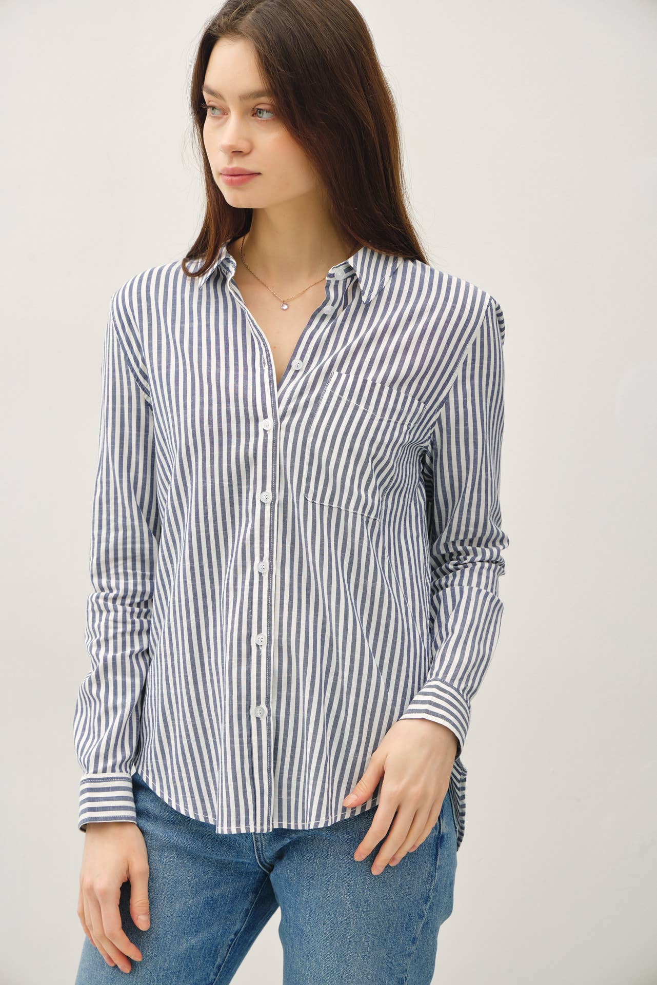 DENIM STRIPED LONG SLEEVE COLLARED BUTTON UP SHIRTS for wholesale on Faire1