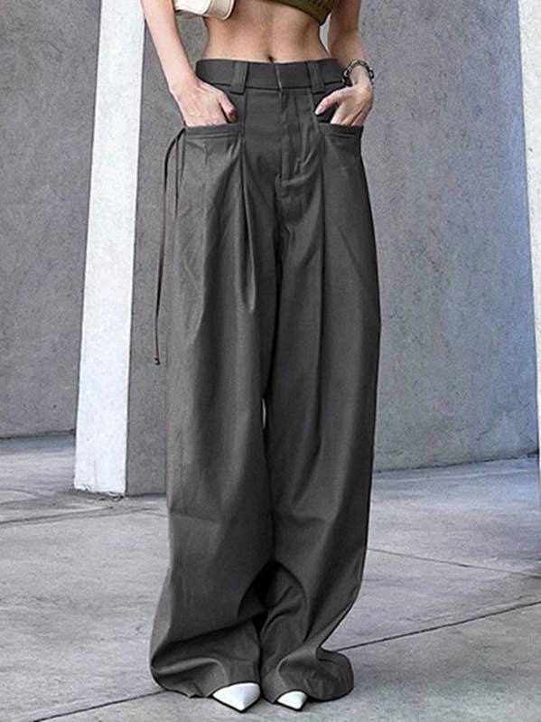 GRAY Pleated Solid Color Split-Joint Streamer High Waisted Loose Trousers Pants for wholesale on Faire