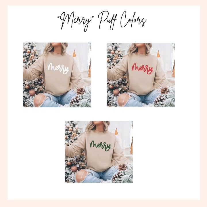 Three Girls Shop - Wholesale Graphic Sweatshirt - Women's - Merry Sweatshirt Puff Text Embossed Christmas Sweater1
