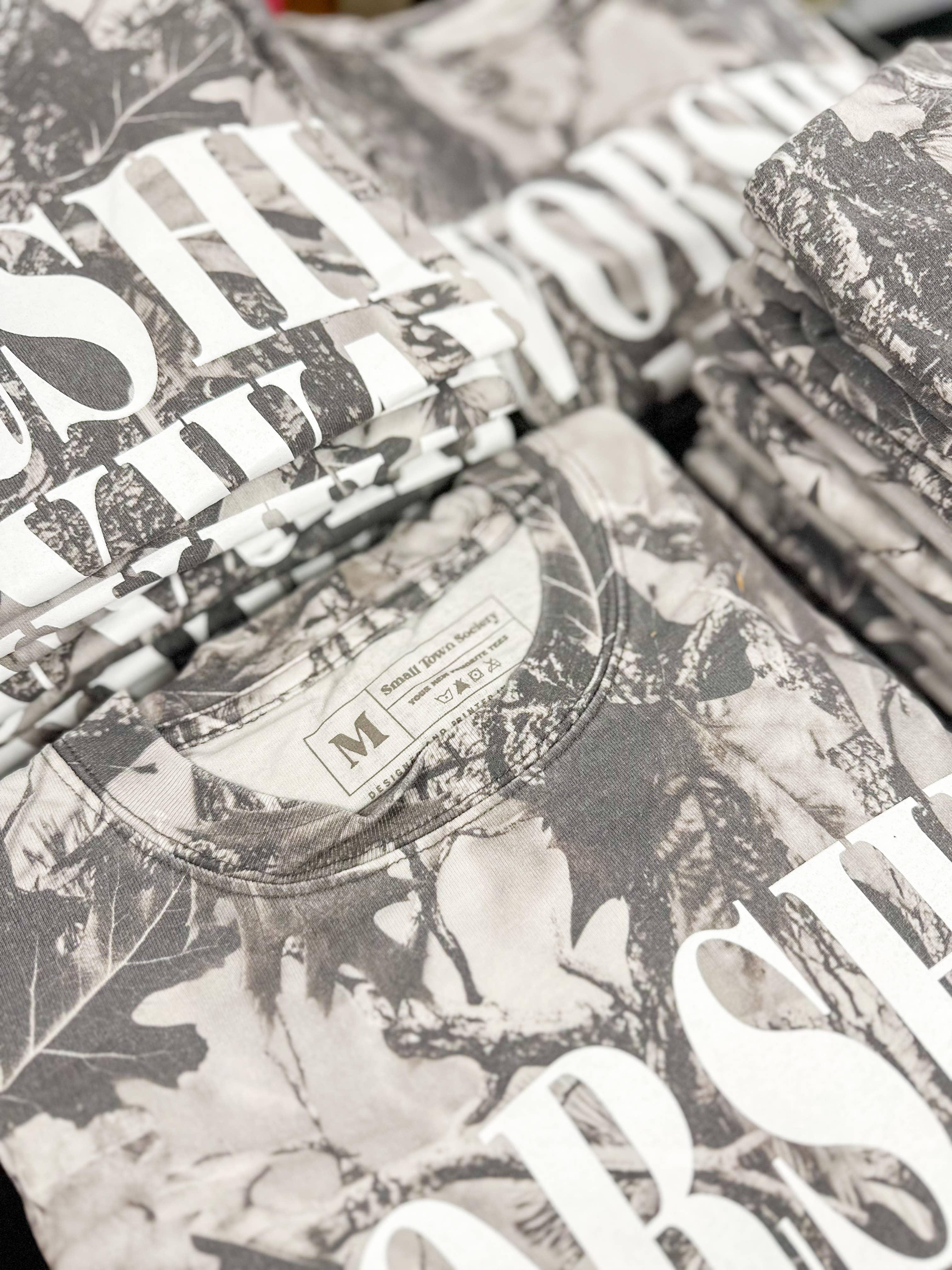 Small Town Society Apparel Co. - Wholesale Screen Printed T-Shirt - Women's - Worship Anyway | Grey Camo |  Short Sleeve Tee1