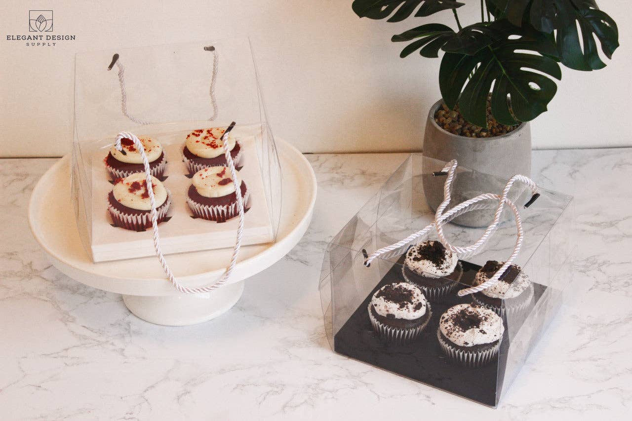 Elegant Design Supply - Vendita all'ingrosso Pirottini per cupcake/muffin - Scatola trasparente per 4 cupcake standard con corde (set di 2)11