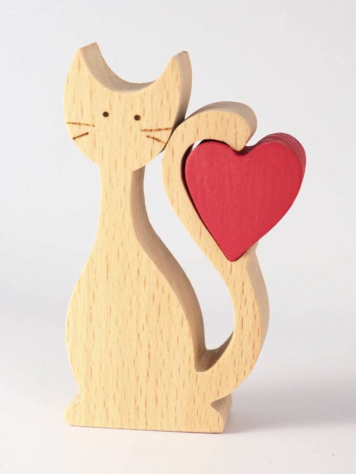 Wooden Whimsical cat figurine with love heart keepsake for wholesale by Wood Metamorphosis