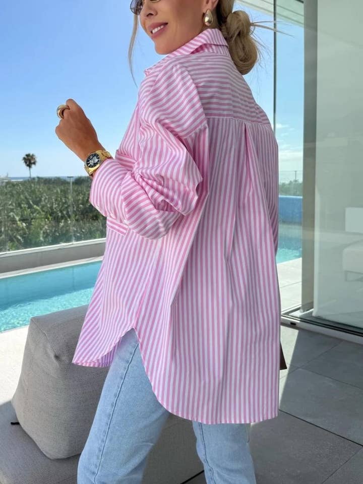 Rosa Clothing - Wholesale Shirt - Women's - Striped Long-Sleeve Oversized Shirt With Pocket4