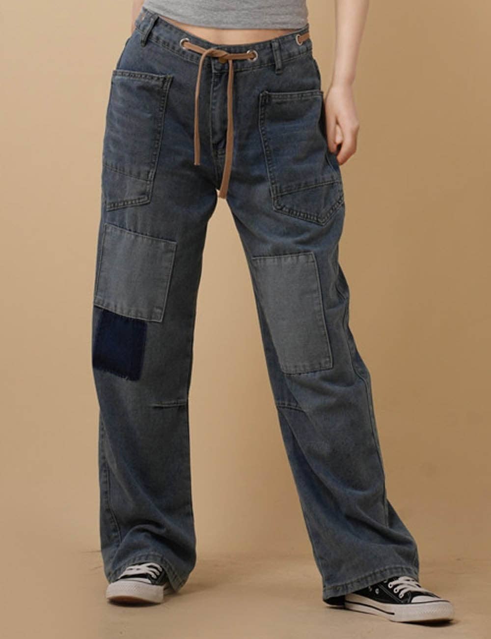Blue Ladies String Tie Jeans Demin Splice Straight Leg Pants 8SKP50370 for wholesale on Faire8
